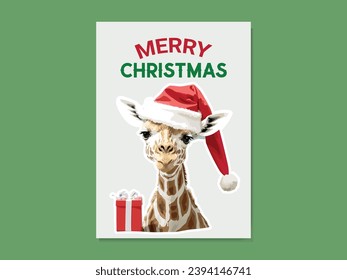 Merry Christmas Card with Giraffe, Santa's Hat, Christmas Gift Box Vector print design