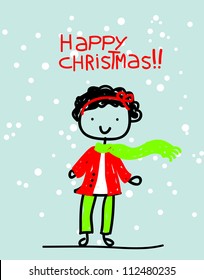 merry christmas card with girl drawing. vector illustration
