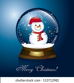 merry christmas card with christmas globe and snowman. vector