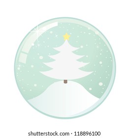 merry christmas card with christmas globe. Vector snow ball with christmas tree.