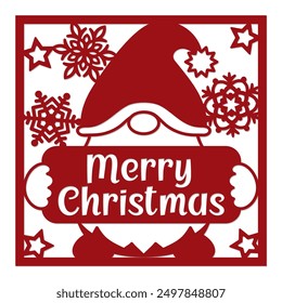 Merry Christmas card with Gnome, template for laser cutting.