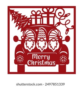 Merry Christmas card with Gnomes truck, Laser cut template.