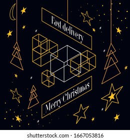 Merry Christmas card with gold elements and text. Isometric vector illustration.