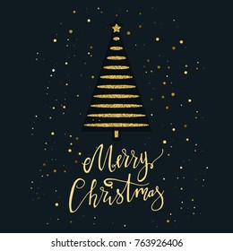 Merry Christmas card with gold glitter Christmas tree and snowflake. Modern lettering. New Year card. Used for greeting card, valentines day, banner, poster, congratulate. Isolated on dark background.