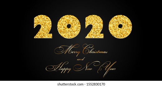 Merry Christmas card. Gold number 2020 with text, isolated on black background. Golden texture holiday design. Happy New Year celebration, decoration. Invitation greeting banner Vector illustration