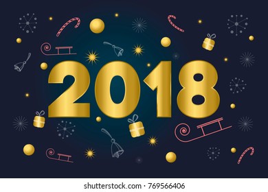 Merry Christmas card. Gold numbers 2018. Text over background with snowflakes, gifts, candy cane, bells, stars, sleigh. New Year and winter background. Vector illustration.