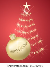 Merry Christmas card gold ornaments red background