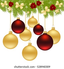 Merry Christmas Card of Gold and Red Balls  Isolated on white Background. Vector Illustration 