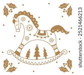 Merry Christmas card with gold rocking horse, symbol of a New Year. Vector illustration isolated on a transparent background.