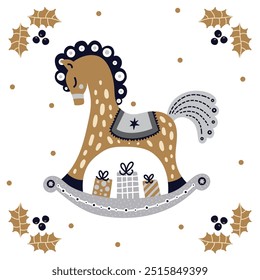 Merry Christmas card with gold rocking horse, symbol of a New Year. Vector illustration isolated on a transparent background.  interior poster.