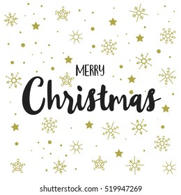 Merry Christmas card with gold snowflakes and stars on white background
