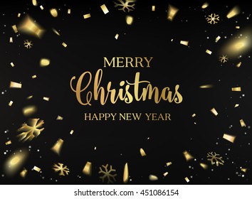 Merry Christmas card. Gold template over black background with golden confetti. Happy new year 2017. Black space abstraction. Fallen snow and sun rays in the dark area. Vector illustration.