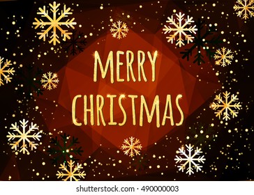 Merry Christmas card with golden snowflakes. Abstract winter vector background. Easy editable modern template.