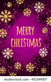 Merry Christmas card with golden snowflakes. Abstract winter vector background. Easy editable modern template.
