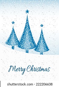 Merry Christmas card with graphic Christmas tree and snow