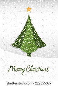 Merry Christmas card with graphic Christmas tree and snow