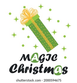 Merry Christmas card with green gift box. Simple flat postcard winter holidays gift boxes with lettering