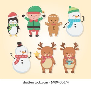 merry merry christmas card with group of characters