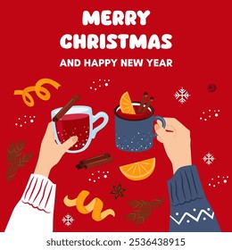 Merry Christmas card. Group of people drinking winter drinks. People celebrate Christmas and New Year together. Hands hold cups of mulled wine. 