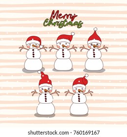 merry christmas card with group of snowman with background of lines