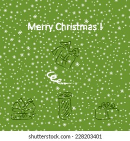 Merry Christmas card. Grunge set of vector sketch Christmas gifts. New year. Green winter background.