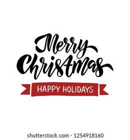 Merry Christmas card. Hand drawn brush lettering. Winter holiday typography. Vector illustration