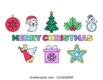 Merry Christmas card. Hand drawn poster with doodle Christmas elements. Coloring book page for children. Vector illustration for gift card for christmas,  banner, flyer, coloring book.