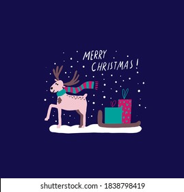Merry Christmas card. Hand drawn vector illustration. Cute deer pulling presents. Christmas concept.