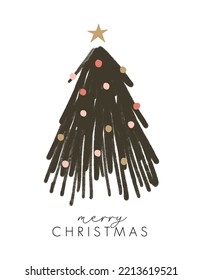 Merry Christmas card. Hand drawn christmas tree with balls and a gold star on top. Holiday greeting cards.