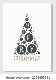 Merry Christmas card with hand drawn elements. Doodle and sketch vector Christmas illustration. Xmas Greeting card in Scandinavian style. Christmas Tree in pastel Black and Gold color
