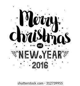 Merry christmas card with hand drawn lettering and snowflake, vector new year postcard 2016