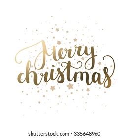 Merry Christmas card with hand drawn lettering and stars on white background. Gold card