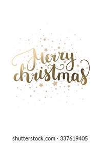 Merry Christmas card with hand drawn lettering and stars on white background. Gold christmas card