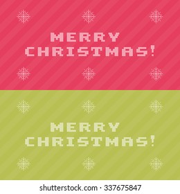 Merry Christmas  card with hand drawn pixel lettering and snowflakes on red and green  background.