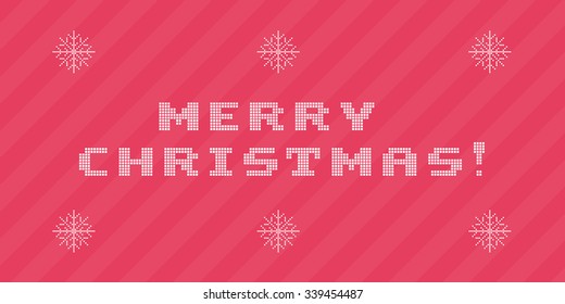 Merry Christmas card with hand drawn pixel lettering and snowflakes on red  background. Perfect for wrapping, packaging and much more