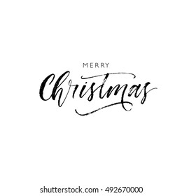 Merry Christmas card. Hand drawn greeting phrase. Ink illustration. Modern brush calligraphy. Isolated on white background. 