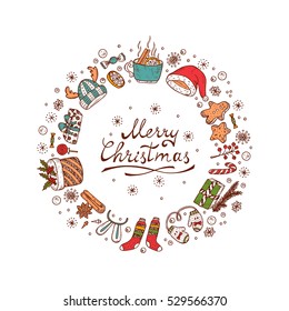 Merry Christmas card with hand drawn lettering and celebratory items. Holiday background. Festive frame. Christmas wreath