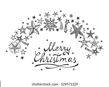 Merry Christmas card with Hand drawn doodle Fireworks and Stars. Holiday background vector illustration