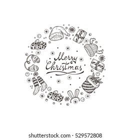Merry Christmas card with hand drawn lettering and celebratory items. Holiday background. Festive frame. Christmas wreath