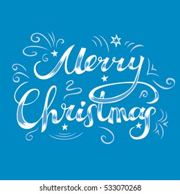Merry Christmas card. Hand drawn creative typography. White chalk imitation freehand lettering. Vector illustration.