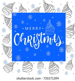 Merry Christmas card. Hand drawn greeting phrase. Modern brush calligraphy. Isolated on blue  background.