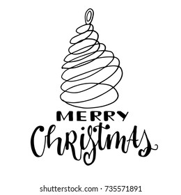 Merry Christmas card. Hand drawn lettering, calligraphic design. Isolated on white background.