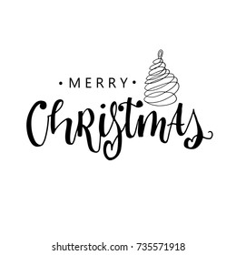 Merry Christmas card. Hand drawn lettering, calligraphic design. Isolated on white background.