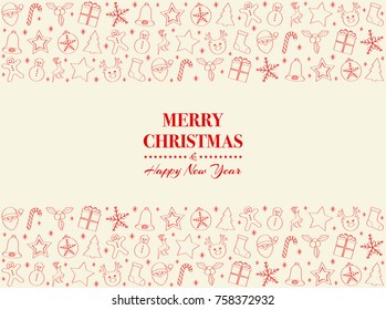 Merry Christmas - card with hand drawn decoration and wishes. Vector.