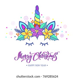 Merry Christmas card with hand drawn lettering, Unicorn Tiara with rainbow horn and Christmas star flower Poinsettia. New Year postcard, invitation motive. Vector illustration isolated on background.