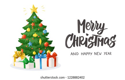 Merry Christmas card. Hand written text. Cartoon Christmas tree with presents isolated on white. Holiday gift boxes. Decorations with stars, vector illustration. For New Year banners, posters, tags.