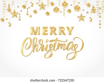 Merry Christmas card with hand written lettering. Holiday background with sparkling typography. Golden glitter border, garland with hanging balls and ribbons. Great for banners, party posters.
