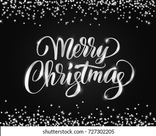 Merry Christmas card with hand written lettering. Holiday background with sparkling typography. Silver glitter border, falling confetti on black. Great for invitations, banners, party posters.