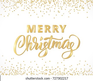 Merry Christmas card with hand written lettering. Golden glitter border, falling confetti on white. Great for invitations, banners, party posters.