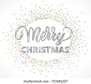 Merry Christmas card with hand written lettering. Falling confetti, colourful frame and border isolated on white. Great for invitations, banners, party posters.